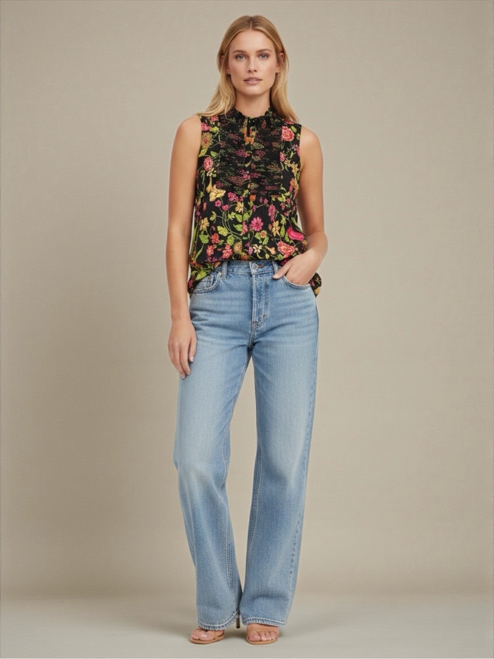 Anthropologie Akemi + Kin Christine Ruffled Smocked Floral Tank In Black Small